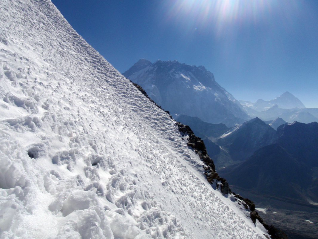 Everest and Makalu as seen from slopes of Lobuche
